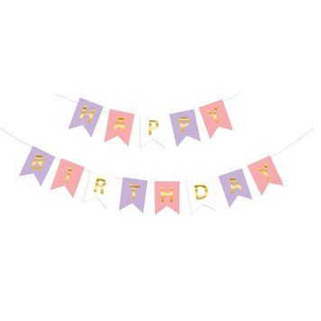 Надпись картонная на флажках 20х16 см Happy birthday Сирень и розовый 3 метра 11217 фото