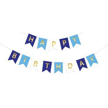 Надпись картонная на флажках 20х16 см Happy birthday Синий и голубой 3 метра 11218 фото