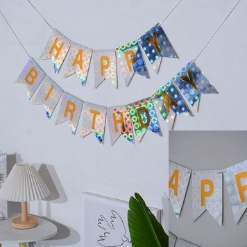 Напис картонний на прапорцях 17х12 см Happy birthday Голограма срібло 06349 фото